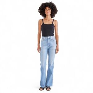 ETICA Sasha Modern Puddle Flare JEANS Women's Sz 28 High Rise Raw Distressed Hem